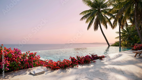 Infinity pool overlooking the ocean at sunset with bougainvillea