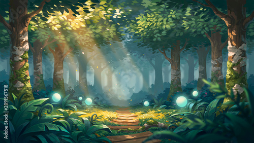 Sunlit forest path with glowing orbs, digital painting
