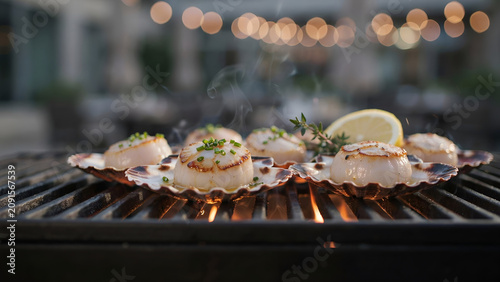 Seared scallops in shells cooking on a hot outdoor grill