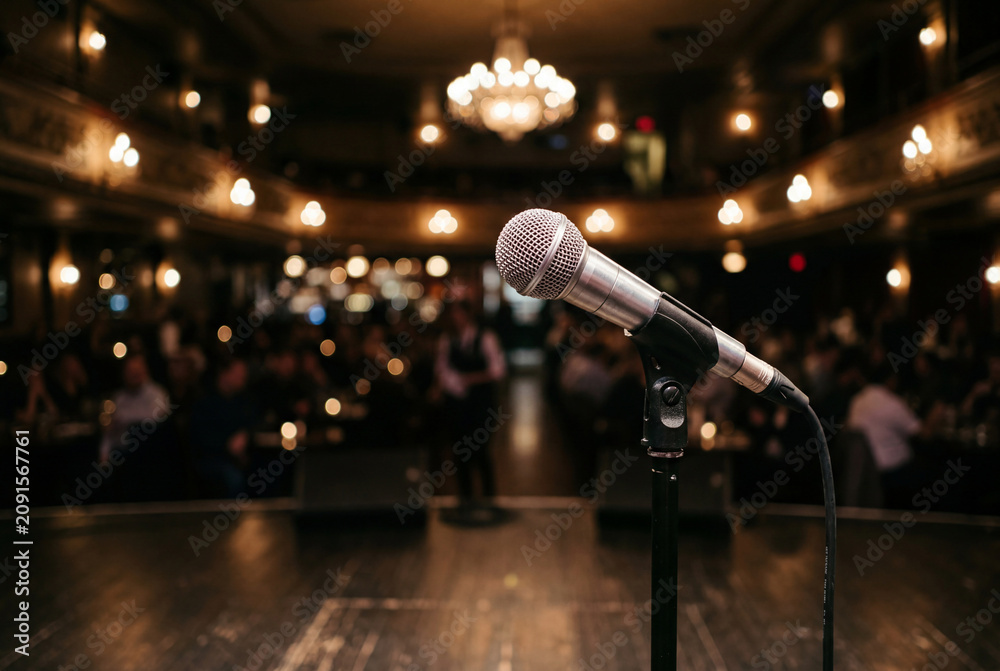 Obraz premium A brushed silver dynamic microphone standing on a stage in front of a softly lit empty theater