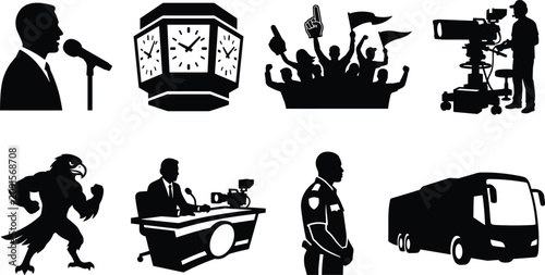 Canvastavla Sports event and media broadcasting black vector silhouette set featuring camera