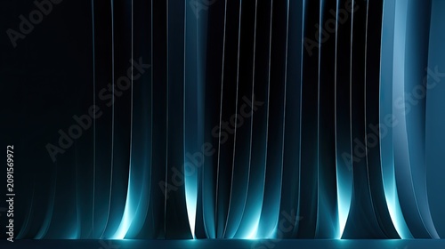 Abstract blue light cascades over dark vertical panels in moody, atmospheric scene