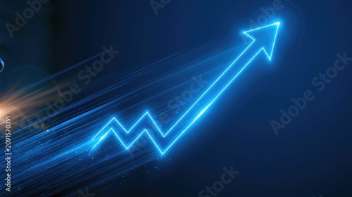 Glowing neon blue arrow chart on dark background with light streaks