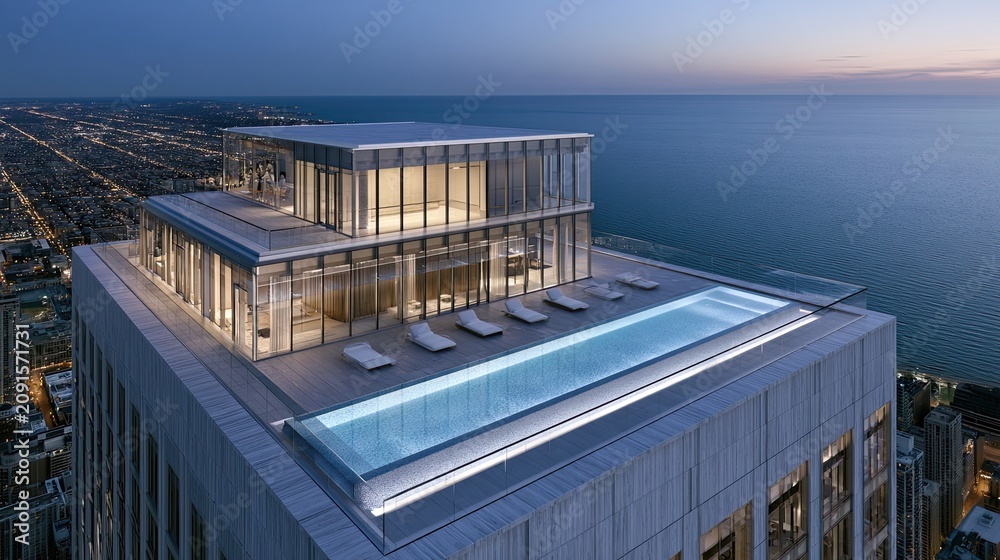 Fototapeta premium Luxury rooftop pool on skyscraper at dusk, overlooking city and ocean