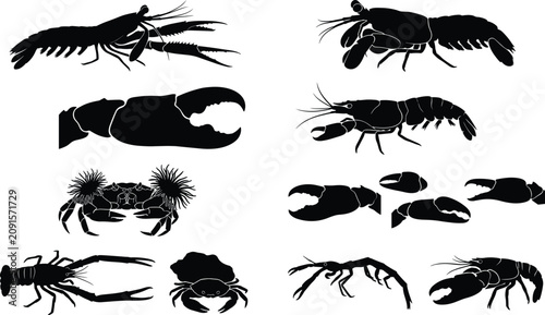 Fotografi Solid black silhouette collection of marine crustaceans featuring lobster, crab, crayfish, and claws in minimalist clean lines