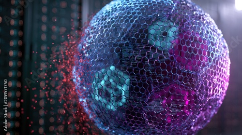 Abstract, spherical structure with hexagonal mesh, glowing, disintegrating