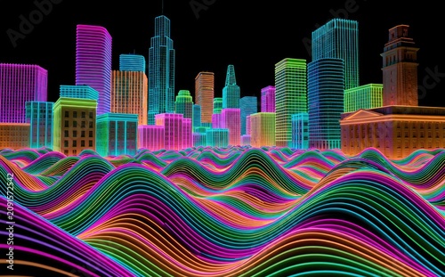 Abstract neon city skyline with vibrant wavy terrain