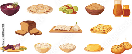 Traditional Ukrainian Cuisine Food Vector Icon Set with Borscht Varenyky Dumplings Cabbage Rolls Salo Rye Bread and Kvas Illustrations for Eastern European Menu Designs