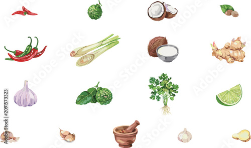 Thai Curry Ingredients Vector Element Set with Chili Lemongrass Coconut Lime Galangal Garlic Kaffir Lime and Mortar Pestle Illustrations for Asian Cooking Designs