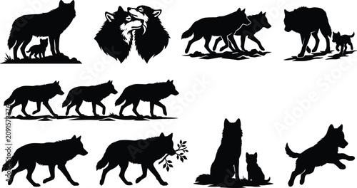 Konstfotografi Solid black silhouette collection of a wild wolf pack and pups featuring minimalist clean lines for vector design