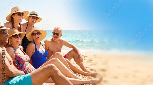 Medium close up of diverse people relaxing on bright sunny beach mockup