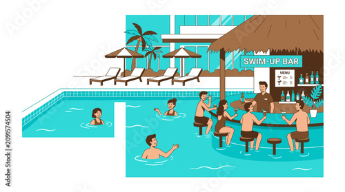 Photography People relaxing at tropical resort pool swim-up bar.