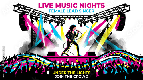 Live music concert stage with singer and vibrant lighting.