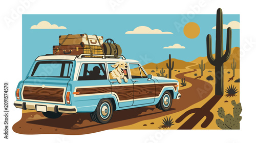 Retro woody station wagon driving through desert road.
