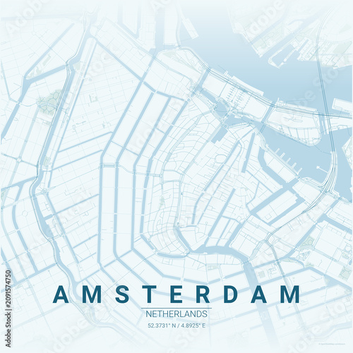 Photography Map of Amsterdam city streets and waterways