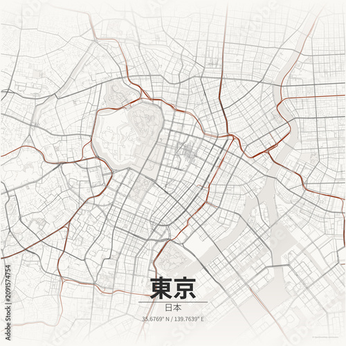 Foto Tokyo city map with Japanese characters and red lines