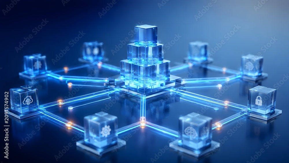 Fototapeta premium Intricate cybernetic network displaying a hand interacting with a central blue cube tower connected to satellite platforms representing massive cloud computing control and system operations