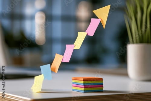 Sticky note arrow rising above a clean desk