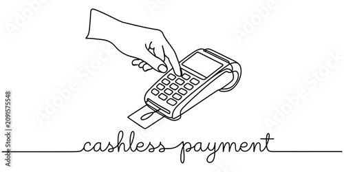 Foto Continuous line drawing of a hand using a card machine for a cashless payment