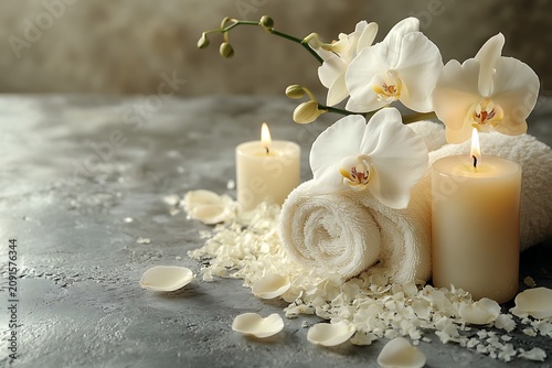 Relaxing spa scene with white orchids candles towels and flower petals for wellness and self-care ambiance