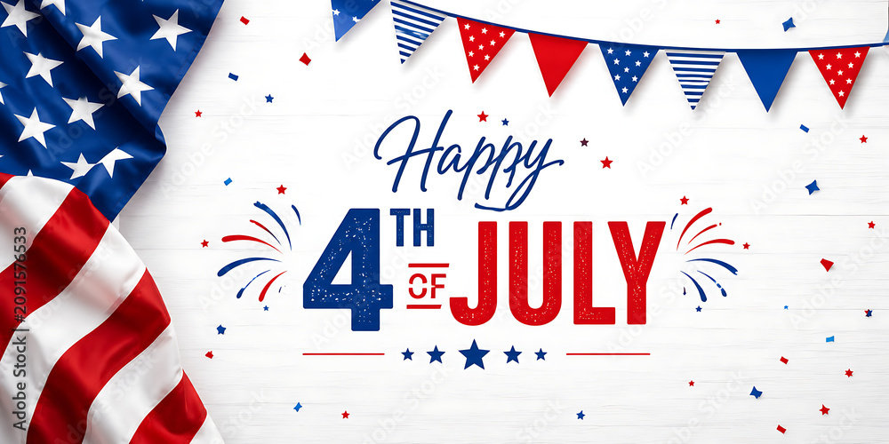 Obraz premium American flag with bunting and Happy 4th of July text on a white wooden background surface