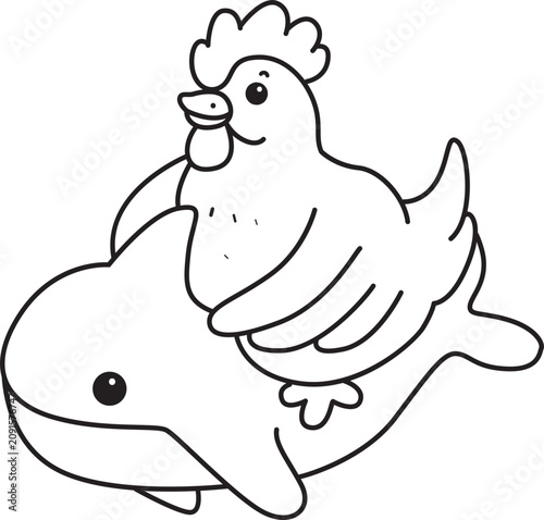 Coloring book of Cute Rooster Chicken sticker icon. Outline of Rooster Chicken 