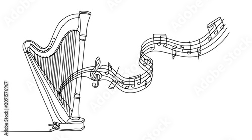 Foto Elegant Harp with Flowing Musical Notes Single Line Drawing