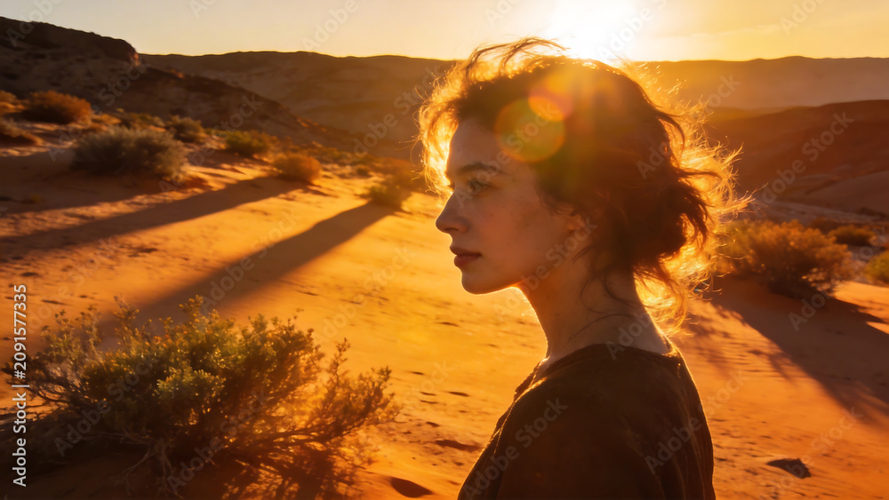 Fototapeta premium Woman in desert at sunset
