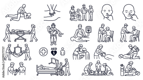 Fotografía First aid line icons set medical emergency rescue and help vector illustration