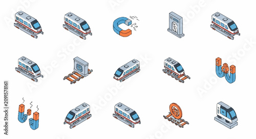 Flat design icons of trains and subway systems in isometric style.
