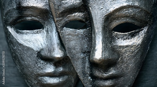 Two abstract metallic masks in close-up, one slightly behind the other, creating a sense of duality and mystery.