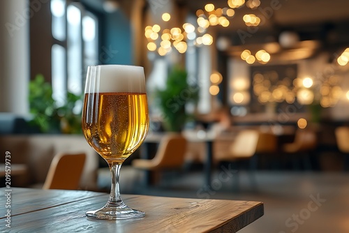 Elegant glass of golden beer on wooden table in modern indoor bar with warm lighting and blurred background ambiance