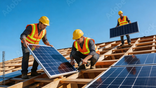 Men installing solar panels on roof