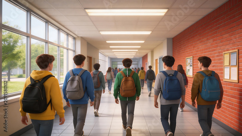 Students walking in school hallway