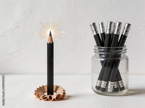 Pencil with spark and pencil shavings