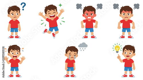 Bild auf Leinwand Child showing different emotions like happiness, anger, sadness, confusion and thinking vector