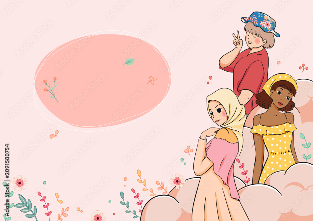 Fototapeta premium Vector illustration of three girls wearing summer dresses and hats, surrounded by flowers and clouds, in a flat art style suitable for children’s books, fashion, or lifestyle projects.