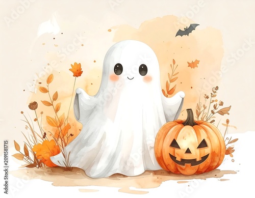 Cute white teddy bear with pumpkin and autumn leaves.