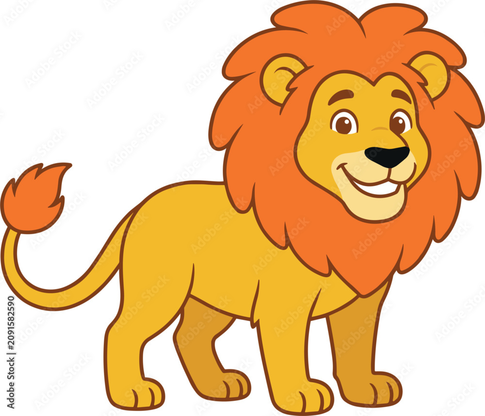 Obraz premium Cute cartoon lion vector illustration isolated on white background smiling african safari animal mascot character cub with orange mane wildlife graphic design element