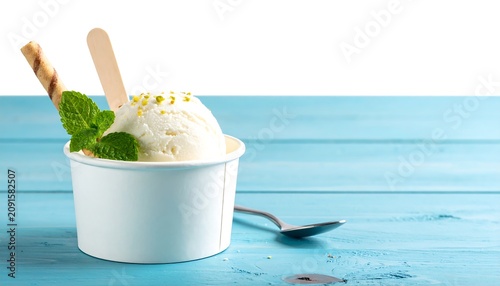 Fresh mint leaves in a glass of water on blue background.