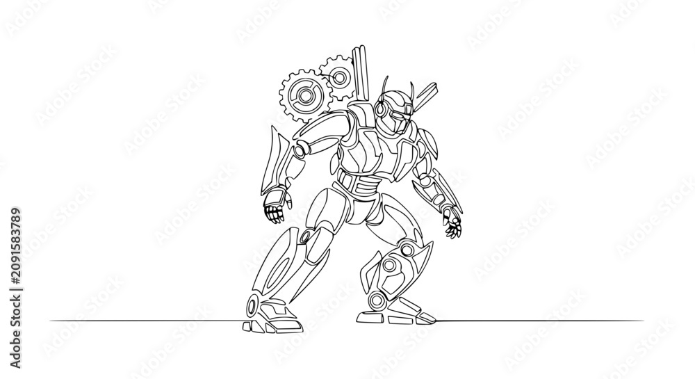 Fototapeta premium Futuristic Robot Warrior Outline Drawing, Mechanical Soldier with Gears, Sci-Fi Character Art