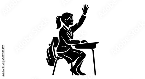 Fotografía Student girl raising hand in class, sitting at desk with backpack, learning, edu