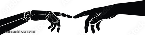 Human hand and robotic bionic arm reaching to touch each other fingers silhouette vector illustration, artificial intelligence connection concept icon isolated on white background.