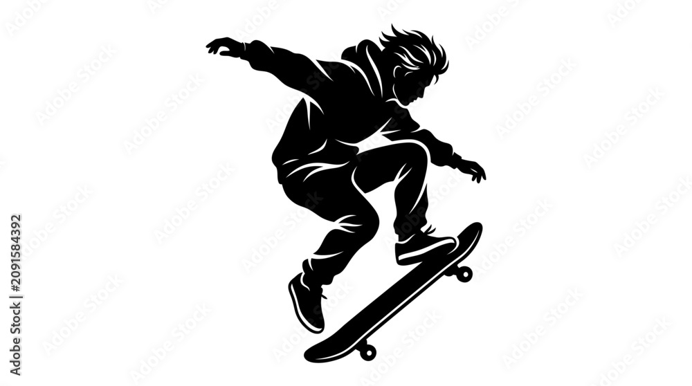 Fototapeta premium Silhouette of a skateboarder performing a trick on a white background