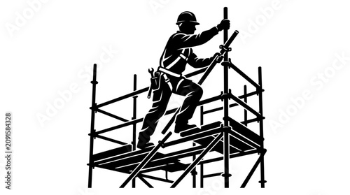 Construction worker on scaffolding, safety harness, building, industry, labor, hard hat