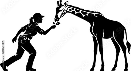 Zookeeper Feeding Giraffe Leaf Silhouette Graphic