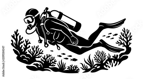 Scuba Diver Underwater Scene with Coral Reef and Fish Silhouette