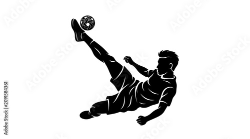 Silhouette of a soccer player performing a bicycle kick with a soccer ball