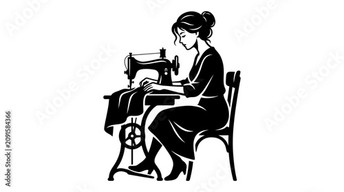 Woman sewing on vintage sewing machine, silhouette style