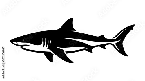Silhouette of a Great White Shark swimming, black and white graphic illustration